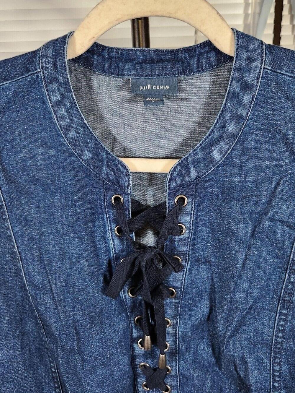 J Jill Denim Large Chambray Blue Cotton Stretch Lace Up Shift Dress - Picture 4 of 9
